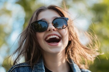 Happy screaming teenage girl wearing dark sunglasses