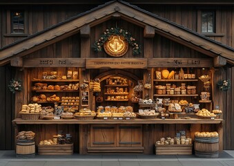 a wooden store with food on shelves. 