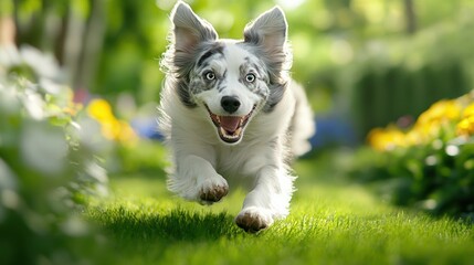 Poster - A dog running through a field of flowers and grass, AI