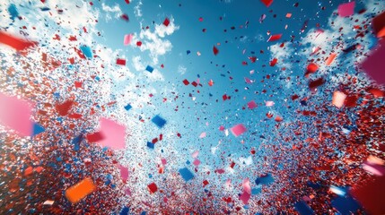 exuberant explosion of red white and blue confetti against a clear sky patriotic celebration with streamers and stars creating a festive dynamic composition