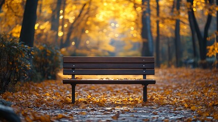 Wall Mural - A wooden bench sits in the middle of an autumnal path surrounded by fallen leaves in a park.