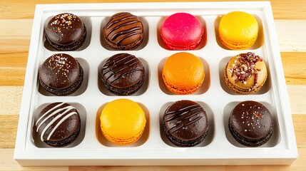 Canvas Print -   A white box sits atop a wooden table, brimming with various flavored donuts and a steaming cup of coffee nearby