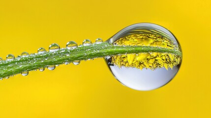 Poster -   A blade of grass with a drop of water on it sits next to a drop of water on a yellow background