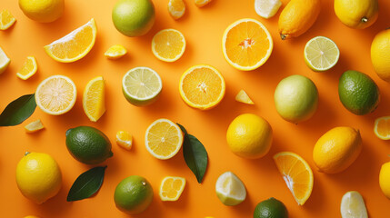 A bunch of bright, juicy citrus fruits like lemons, limes, and oranges are scattered on an orange background.