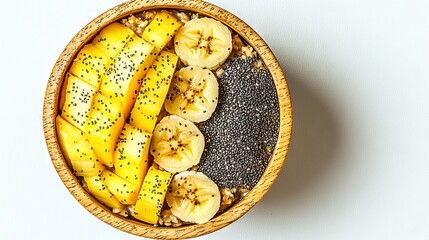 Poster -   Bowl of bananas, chia seeds, and chia seeds in a wooden bowl on a white surface