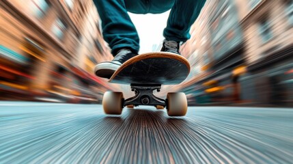 Wall Mural - A person riding a skateboard down the street in motion, AI