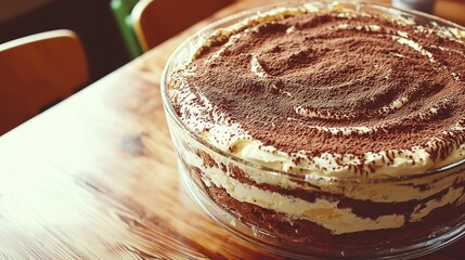   A cake rests atop a wooden table beside a chocolate-frosted glass bowl