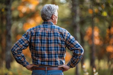 Wall Mural - A Man in a Plaid Shirt Stands with His Hands on His Hips in a Forest