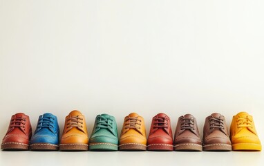 A colorful array of shoes displayed in a row, showcasing various shades and styles for fashion or retail purposes.