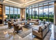 © Four888 - Elegant living room with sleek furniture, marble floors, and floor-to-ceiling windows, showcasing expertly crafted interior design in a luxurious Houston, Texas residence.