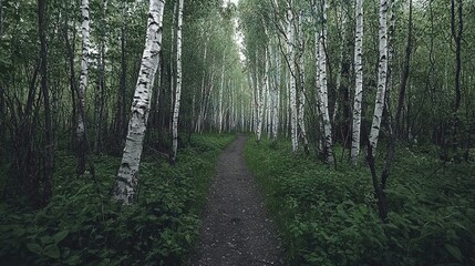 Wall Mural -   Middle forest path surrounded by trees on either side, leading to a lush green area