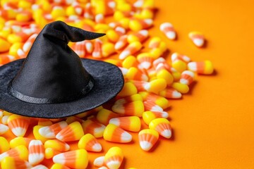 Sticker - A small black witch hat atop a colorful pile of candy corn on an orange background.