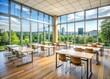 © Four888 - Elegant modern classroom with sleek chairs, polished wood tables, and floor-to-ceiling windows, ideal for learning interior design principles and certificate programs.