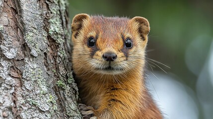 Sticker -   A close-up of a tree trunk with a small animal on its face and a tree in the background