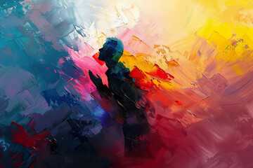 A man is praying in a painting with a lot of colors,