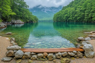 Wall Mural - A wooden platform overlooking a serene, clear mountain lake