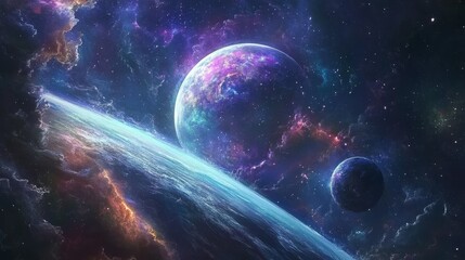 Wall Mural - A vibrant cosmic scene featuring planets and colorful nebulae, evoking a sense of wonder about the universe.