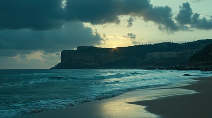 Sticker -   A lush green hillside sits by a large body of water on a sandy beach, all beneath a cloudy sky