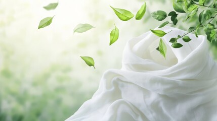 eco fresh laundry wash, ecological sustainable environmental natural clothes garment washing detergent. white cotton fabric in green nature background with flying leaves. banner with copy space