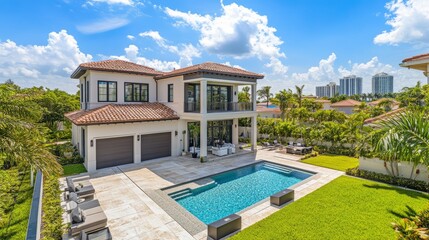 Front villa exterior with modern swimming pool. Suburban mansion building with garage and city view. Residential family cottage in Florida village.