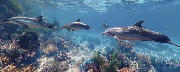 Wall Mural - Dolphins swimming gracefully among vibrant coral reefs underwater.