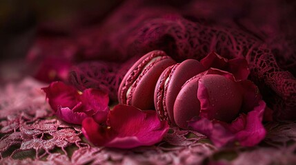 Wall Mural -   A lace-covered tablecloth holds a stack of macaroons beside a pink rose