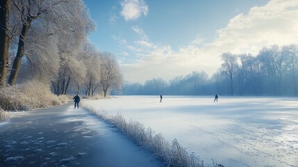 Wall Mural - Ice skating on a frozen lake, beautiful winter scenery, December 20