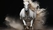 © hamad - Majestic white horse galloping on a dramatic black background.