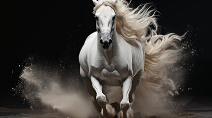 Wall Mural - Majestic white horse galloping on a dramatic black background.