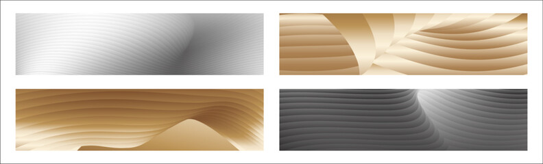 Wall Mural - Wavy silver and gold parallel gradient lines, ribbons, silk. Set of 4 backgrounds. Black and white with shades of gray or golden silk. Banner, poster. eps vector