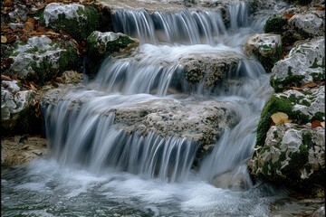 Wall Mural - Cascading Water Over Smooth, Mossy Rocks