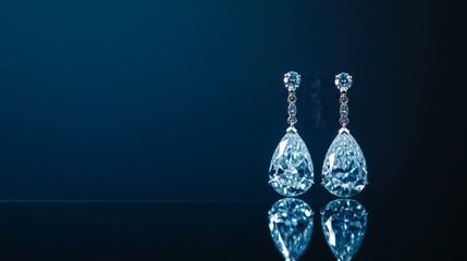 A pair of elegant earrings featuring sparkling blue gemstones, reflecting beautifully against a dark background.