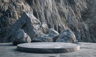 Wall Mural - pedestal mockup for product photography Surrounded by mountain rocky textures.