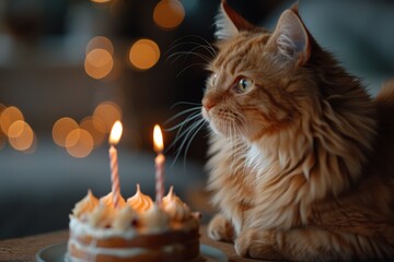 A ginger cat sits beside a birthday cake with lit candles, looking at them with curiosity.