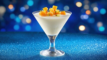 Canvas Print -   A close-up of a dessert in a small glass sits on a blue table, with blurry lights in the background