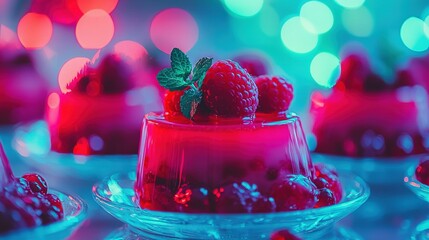 Wall Mural -   A close-up of a cake with raspberries on top and a leaf on top, framed by the plate