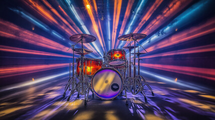 Drum kit is illuminated from all sides on a stage with light trails in the background