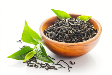 Wooden bowl with dried and fresh black tea leaves on isolated white background. Generated AI