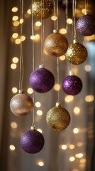 Close-up of golden and purple Christmas tree ornaments hanging from a branch, representing holiday decor, festive spirit, and seasonal decoration