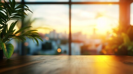 Poster - Wooden Tabletop with Sunset View