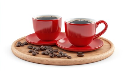 Two Red Cups of Coffee on Wooden Tray