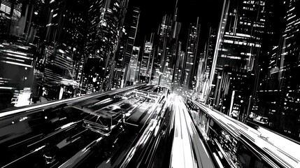 Wall Mural - Cityscape at Night with Speeding Cars