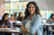 © Sascha - Hispanic female teacher with teenage students in the class. Woman is smiling and posing for a picture in a classroom