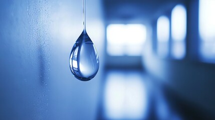 Canvas Print -   A drop of water dangles from the wall adjacent to the hall, with sunlight streaming through the windows