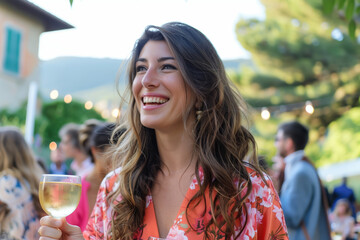 Happy smiling brunette lady holding a wine glass at outdoor garden party enjoying and celebrate time with her friends