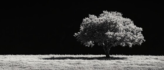 Isolated black and white tree in an open field with striking contrasts and shadows set on a solid black background