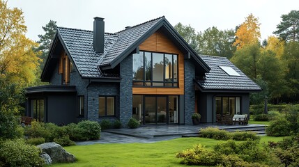 Modern house with a large patio, surrounded by lush greenery.