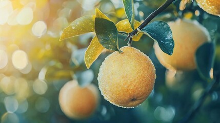 Poster -   An image captures a cluster of oranges dangling from a tree, surrounded by foliage and droplets of dew, bathed in sunlight filtering through the canopy