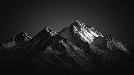 high contrast black and white image of rugged mountain range with dramatic shadows and highlights on