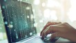 © Pascal - A person using a laptop with digital binary code and network connections overlay, set against a light background, concept of technology